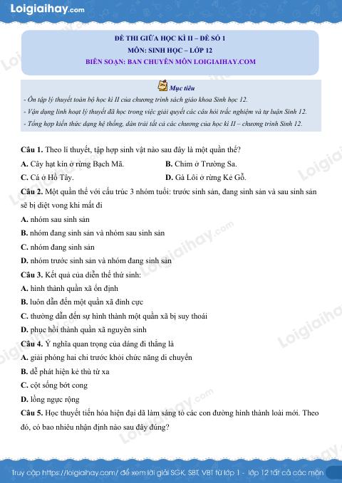 5 đề thi giữa kì 2 Sinh 12 có đáp án và lời giải chi tiết